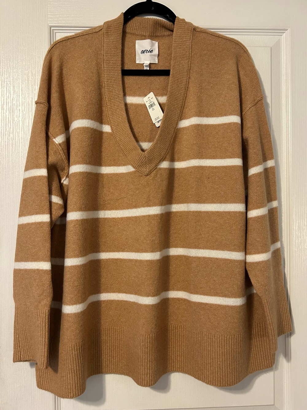 Aerie Oh So Soft Women's Camel Stripe V-Neck Sweater